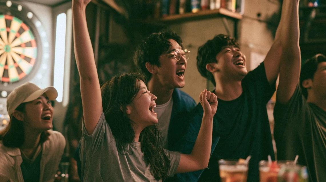 다트 동호회에서 즐겁게 게임하는 사람들