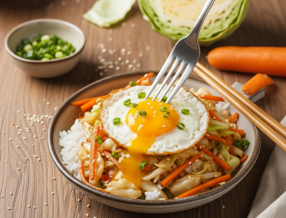 양배추당근볶음과 계란 후라이 덮밥