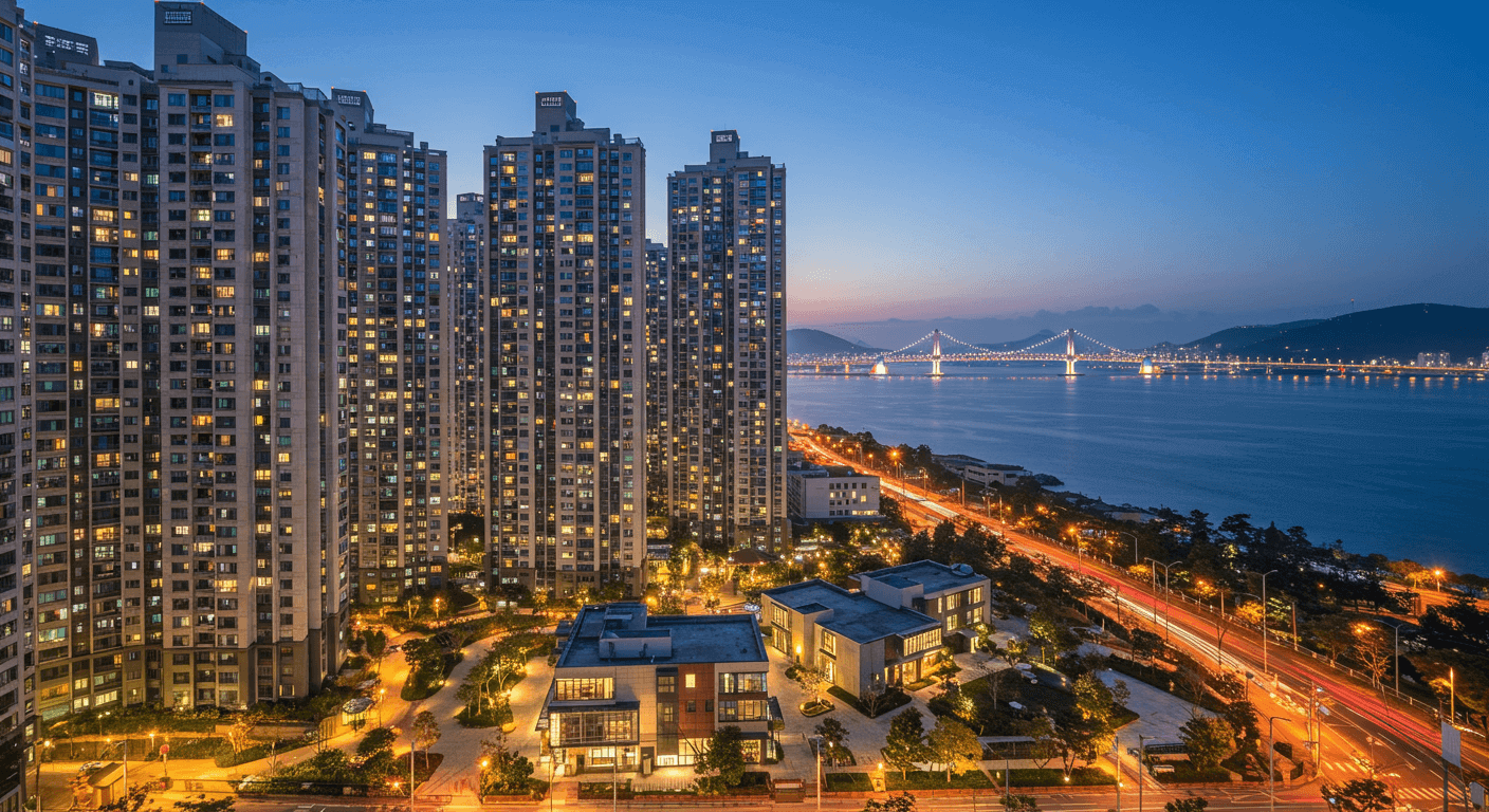 아파트 불빛이 불야성을 띠고 있고 앞에는 바다를 가로지르는 다리가 있는 모습