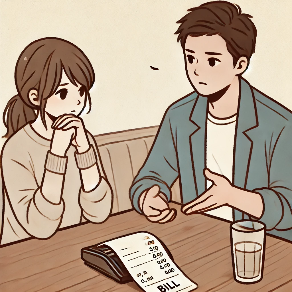 레스토랑에서 더치페이를 두고 이야기하는 커플, 한쪽은 살짝 난처해하고 상대는 차분하게 설명