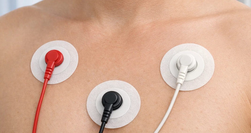 홀터 검사 시 가슴에 부착된 심전도 전극 모습, 심장의 전기 신호를 기록하는 24시간 심전도 검사 장비