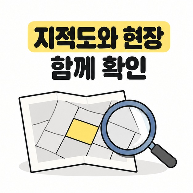 지적도와 현장을 함께 확인하는 지도 문서와 돋보기 그림