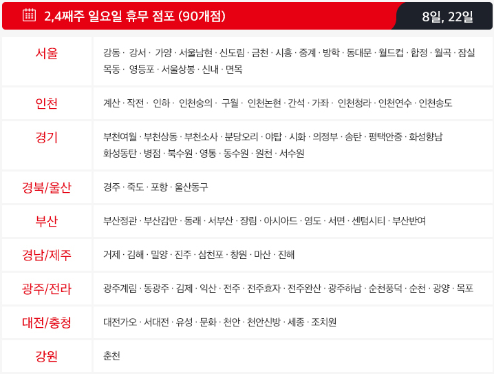 10월 홈플러스 휴무일 - 2,4째주 일요일