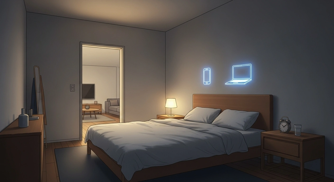 안락한-방에-침대가-놓여-있고-벽에는-스마트-폰과-노트북의-이미지가-그려져-있다-침대는-잠만-자는-공간이라는-것을-상징