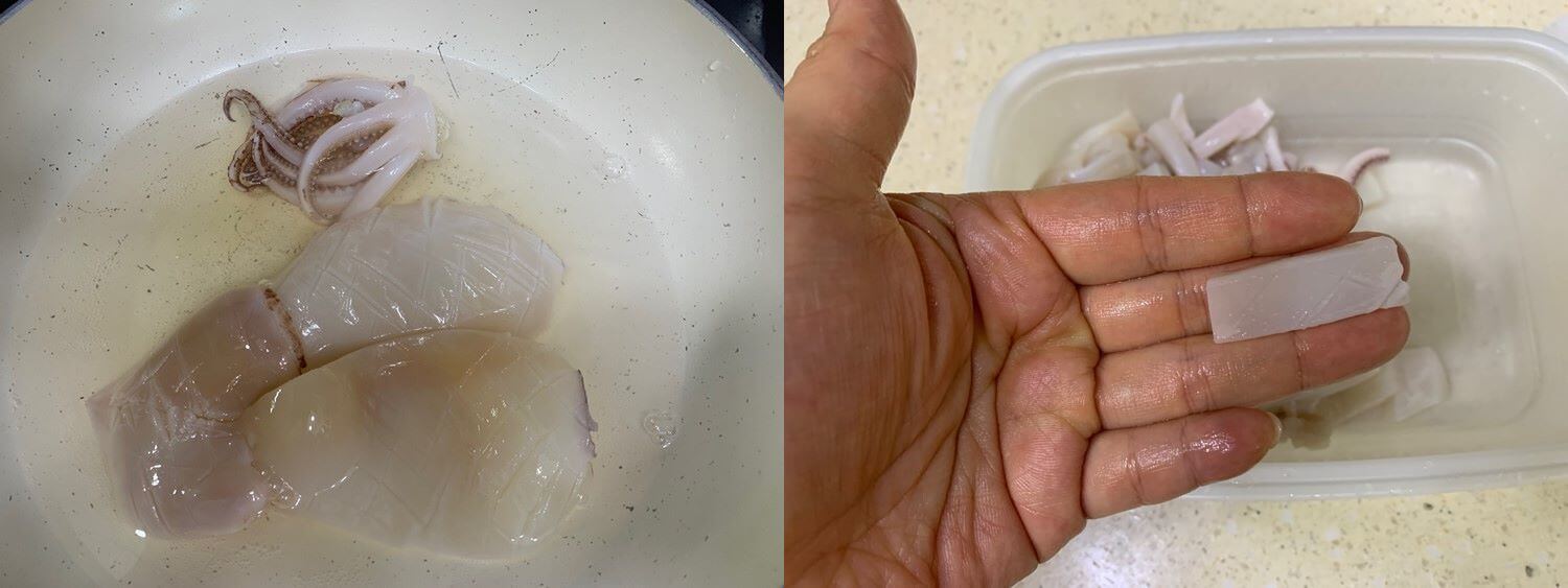 간장오징어볶음-오징어데치기