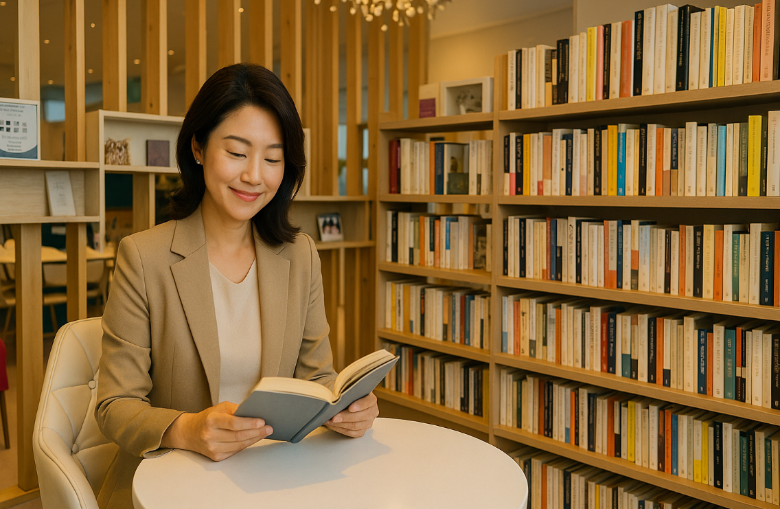북카페에서 독서를 즐기는 여성 모습