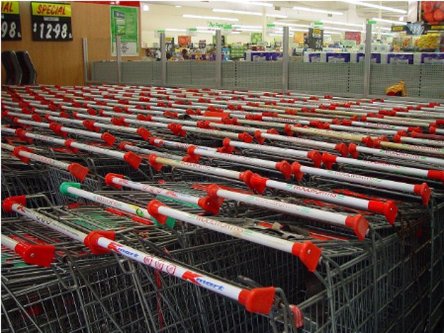 쇼핑카트가 정렬된 마트 입구