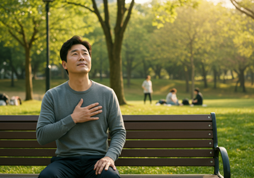 40대 한국인 남성이 건강검진으로 조기 발견된 질병을 극복한 후 평화롭게 공원에 앉아 있는 모습, 건강한 삶의 중요성.