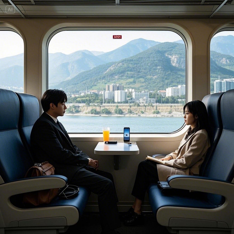 KTX 열차 내부에서 창가 좌석을 이용하는 승객들, 편안하게 독서하거나 풍경을 감상하는 모습1