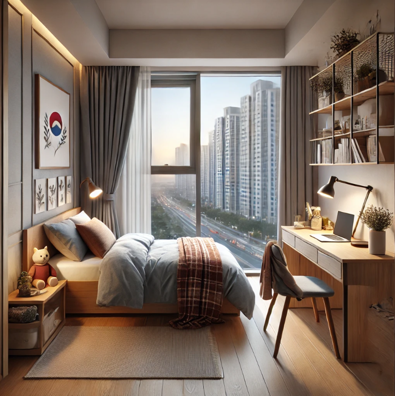 침대, 책상, 창문이 갖춰진 실용적인 청년주택의 내부 공간의 모습
