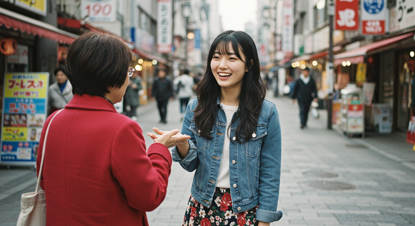 일본인과 대화를 시도하는 한국인 여자