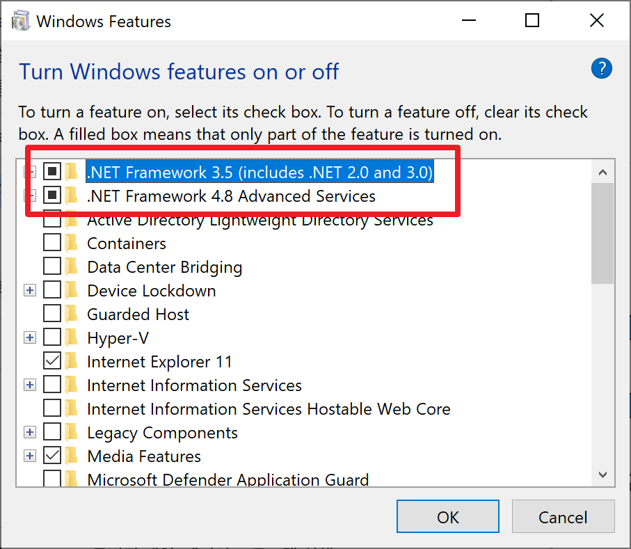 Windows 기능에서 NET Framework 활성화하기, 끄기