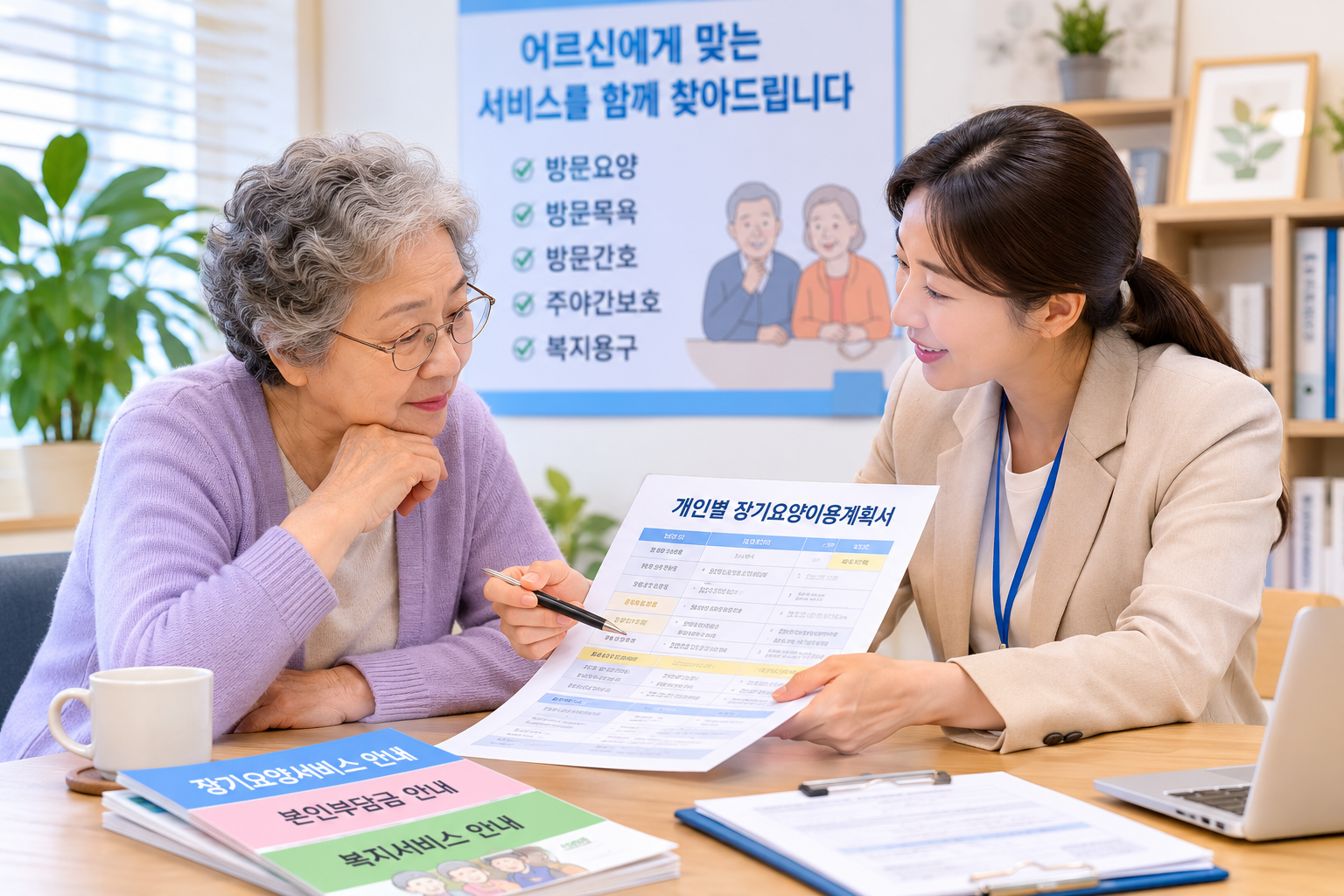 장기요양기관 상담 중 개인별 장기요양이용계획서를 확인하는 보호자와 상담사