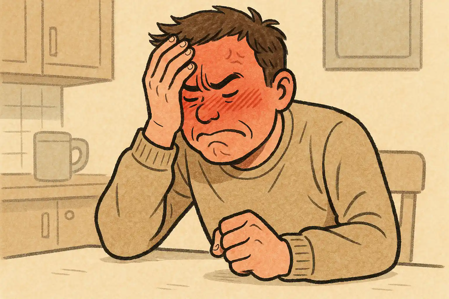 갑자기 화가 치밀어 얼굴이 붉어지고 후회하는 표정을 짓는 사람