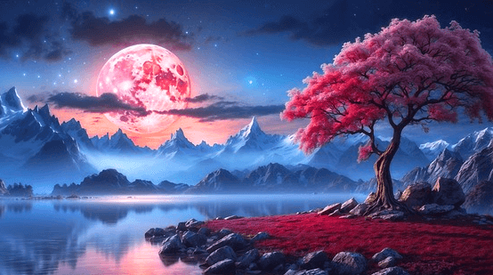 둥그런 보름달이 뜬 야경이다. 하늘엔 둥그런 달이 둥실 떴고 땅에는 진분홍색꽃이 가득 핀 나무가 있다.