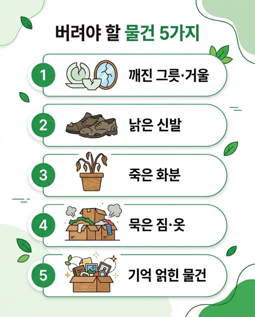이사 풍수 버려야 할 물건 깨진 그릇 낡은 신발 죽은 화분 인포그래픽