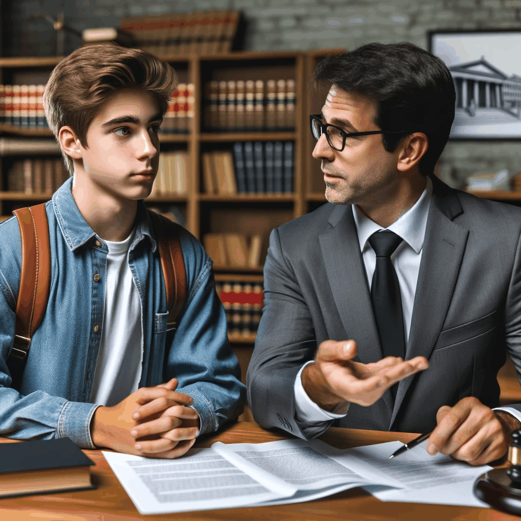 대학생이 변호사와 법률 상담을 받으며 물권적 청구권에 대해 배우는 진지한 분위기의 장면