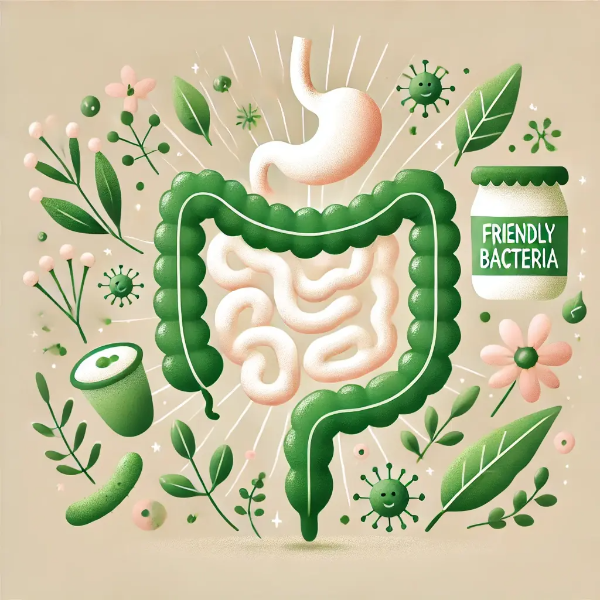 건강한 장을 상징하는 자연 일러스트 – 초록 잎과 유산균 아이콘이 장 형상 안에 구성된 따뜻한 이미지