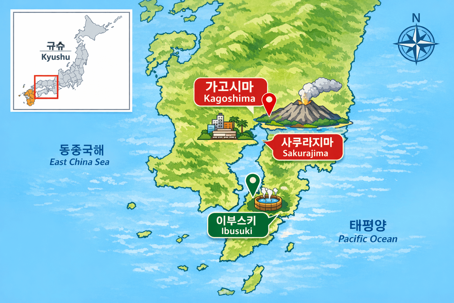 가고시마, 사쿠라지마, 이부스키 위치