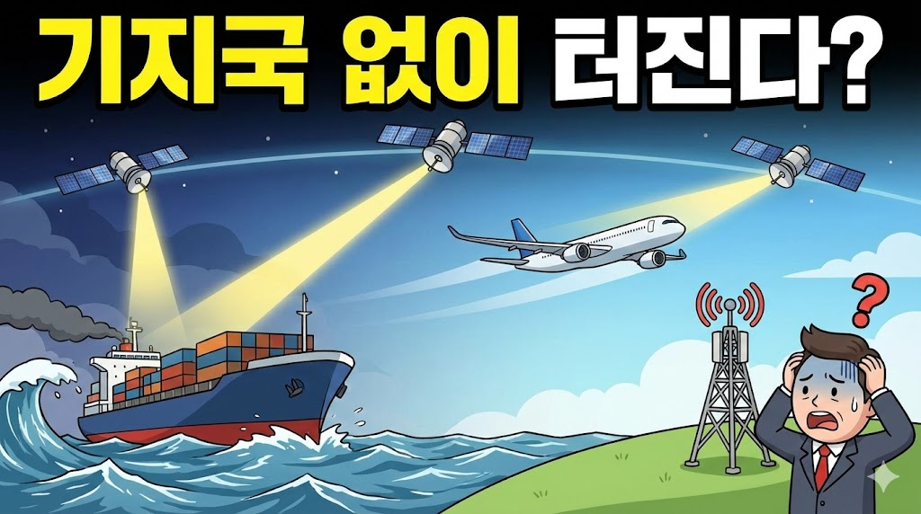 스타링크 위성 통신이 바다와 하늘 등 통신 음영 지역을 커버하며 기존 통신망을 위협하는 모습