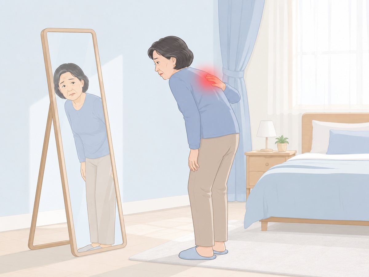 골다공증으로 등이 굽은 여성이 거울 앞에서 굽은 자세를 보며 등 위쪽을 짚는 모습