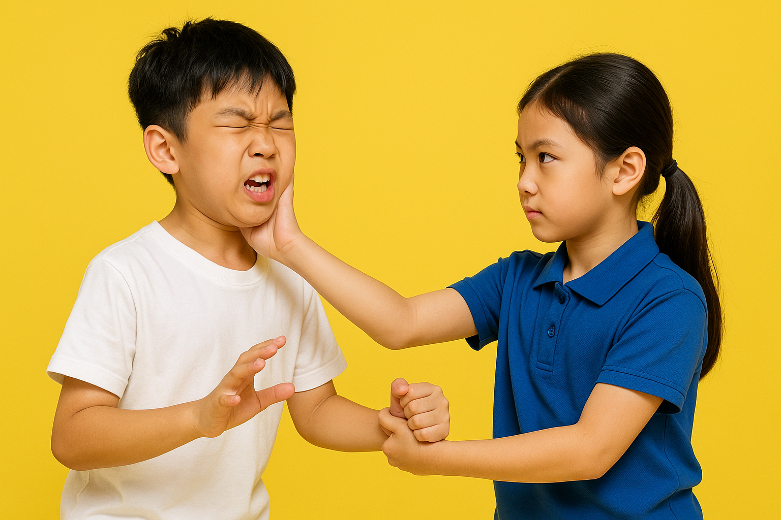 초등학생-남자아이와-여자아이가-노란색-배경-앞에서-호신술-기술을-시연하고-있으며-여자아이는-단호한-표정으로-남자아이의-턱을-손바닥으로-밀고-한쪽-손목을-잡고-있고-남자아이는-깜짝-놀라며-눈을-감고-입을-벌린-채-뒤로-넘어갈-듯한-자세를-취하고-있음