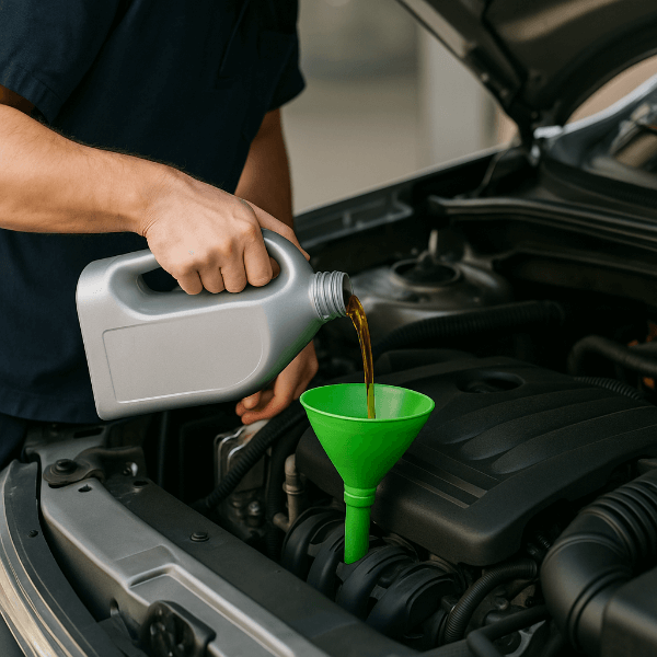 자동차 엔진룸에서 정비사가 깔때기를 통해 미션오일을 붓는 실제 장면
