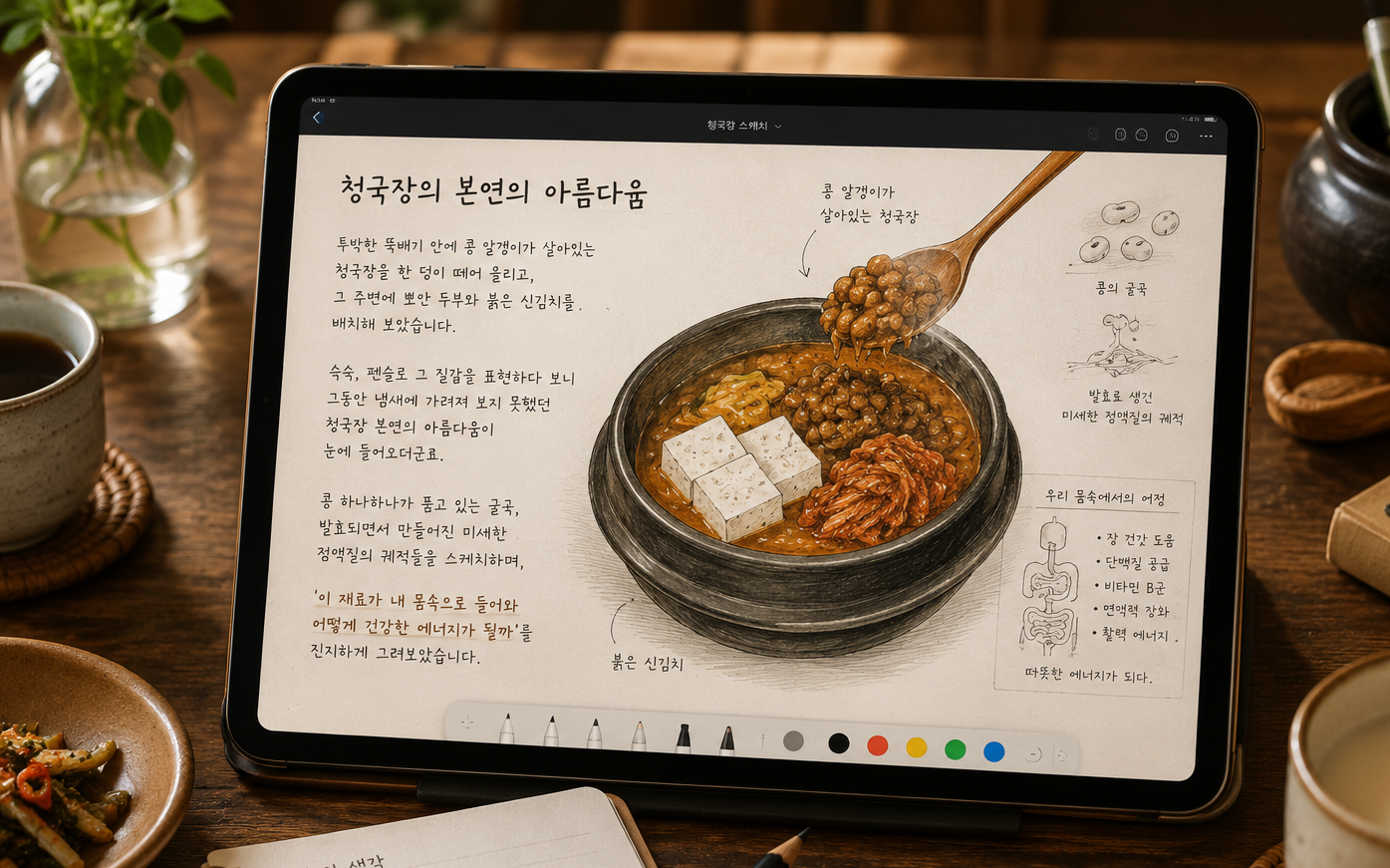 아이패드 화면에 청국장 드로잉과 발효 과정 메모가 표시되어 있고 주변에 따뜻한 차와 식기가 놓인 감성적인 테이블 장면