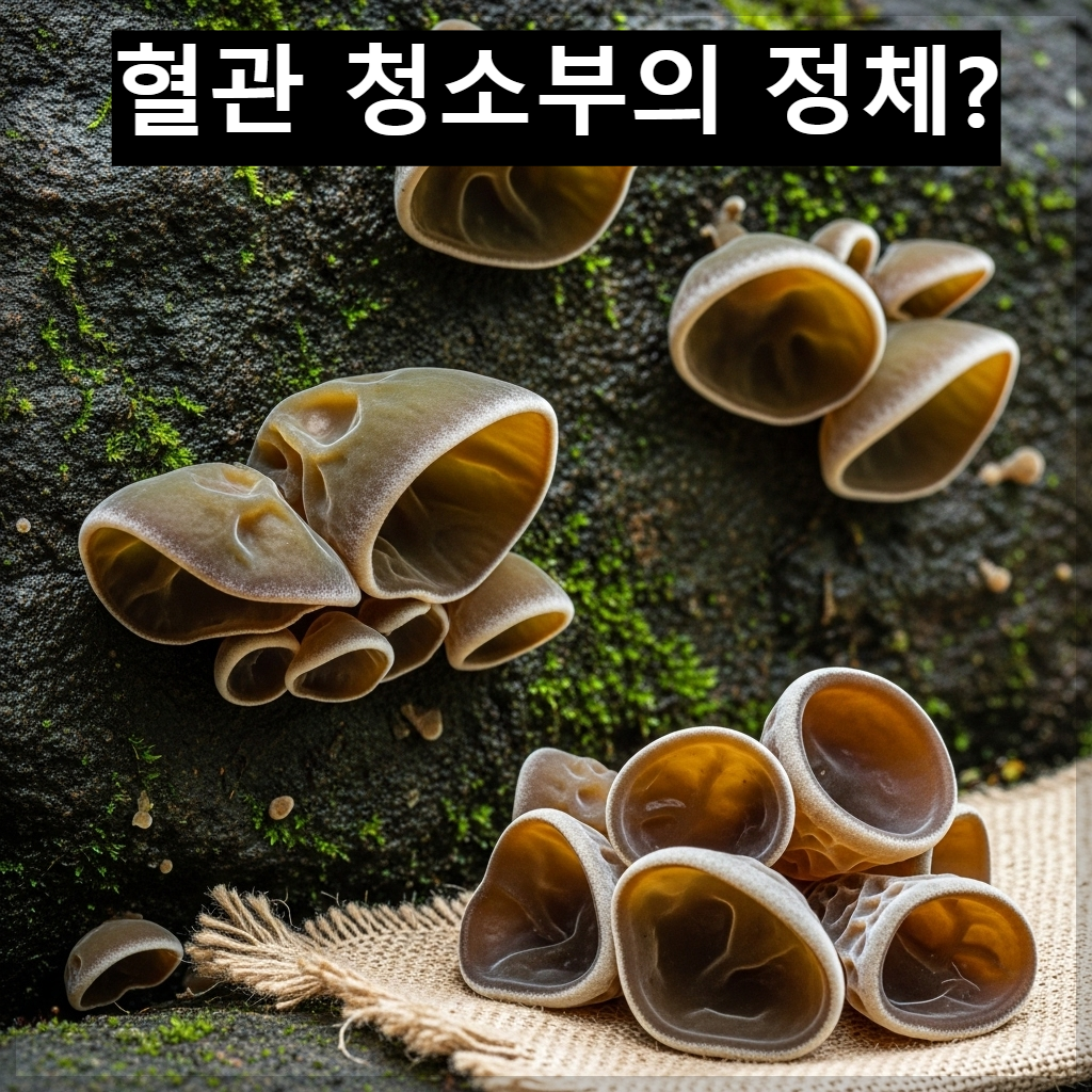 거친 바위 표면에 단단히 붙어 자라는 검은색 석이버섯의 생생한 클로즈업 사진과 정갈하게 손질된 석이버섯 요리 이미지
