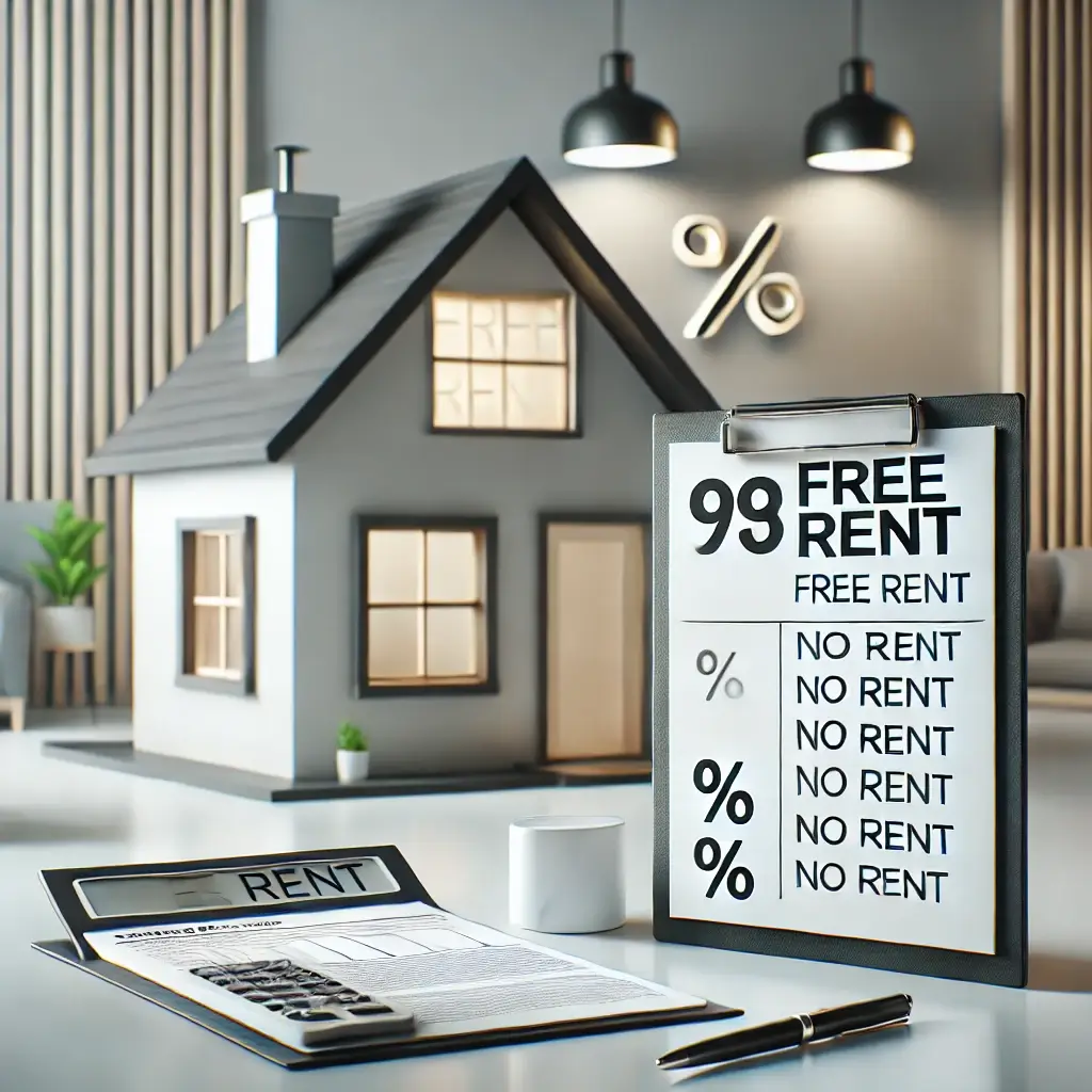 집, 계산기, 펜, 서류에 FREE RENT NO RENT 써있음