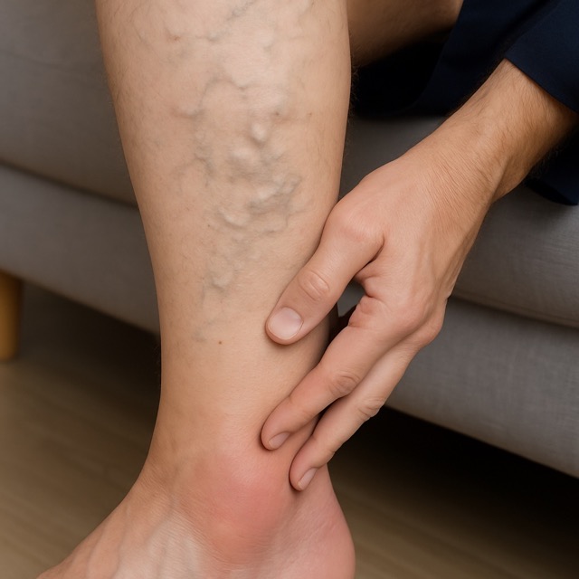 하지정맥류로 붓고 정맥이 돌출된 발목(출처: 자체제작)