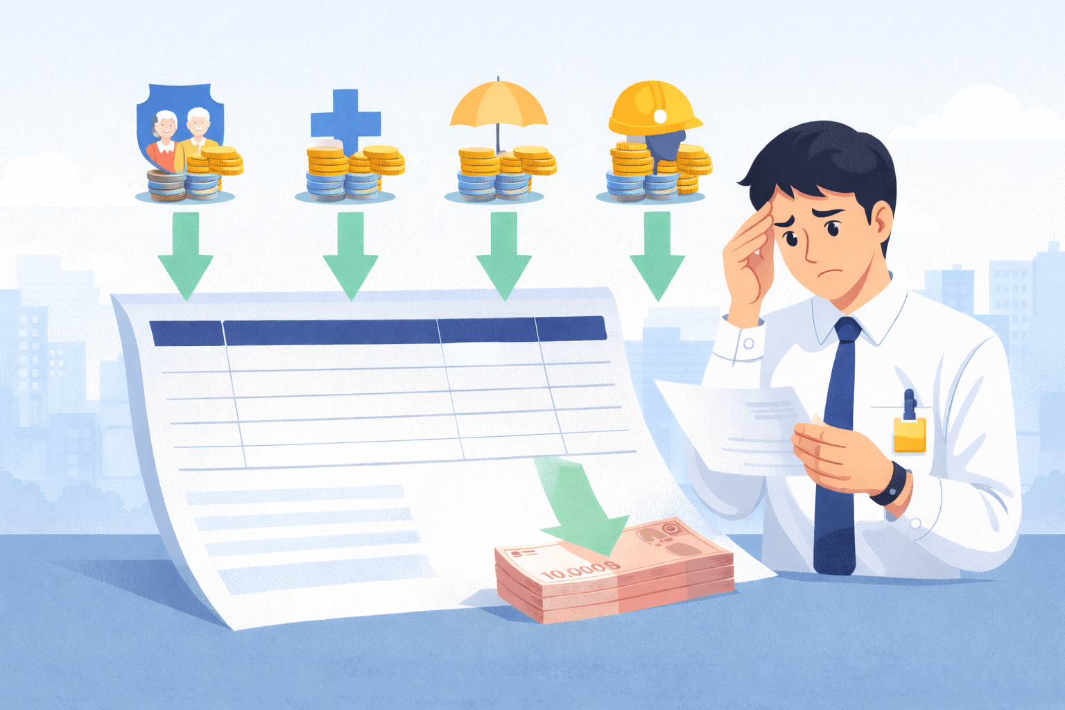 2026년 4대보험 공제 인상되면 월급 실수령액에서 얼마나 차감될지 정책 설명 안내용 이미지.