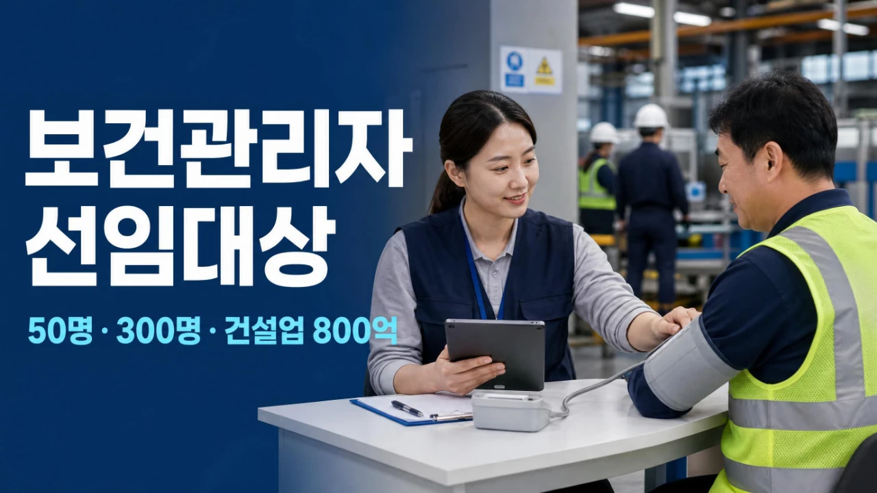 보건관리자 선임대상 50명&middot;300명&middot;건설업 800억원 기준을 안내하는 산업현장 건강관리 모습