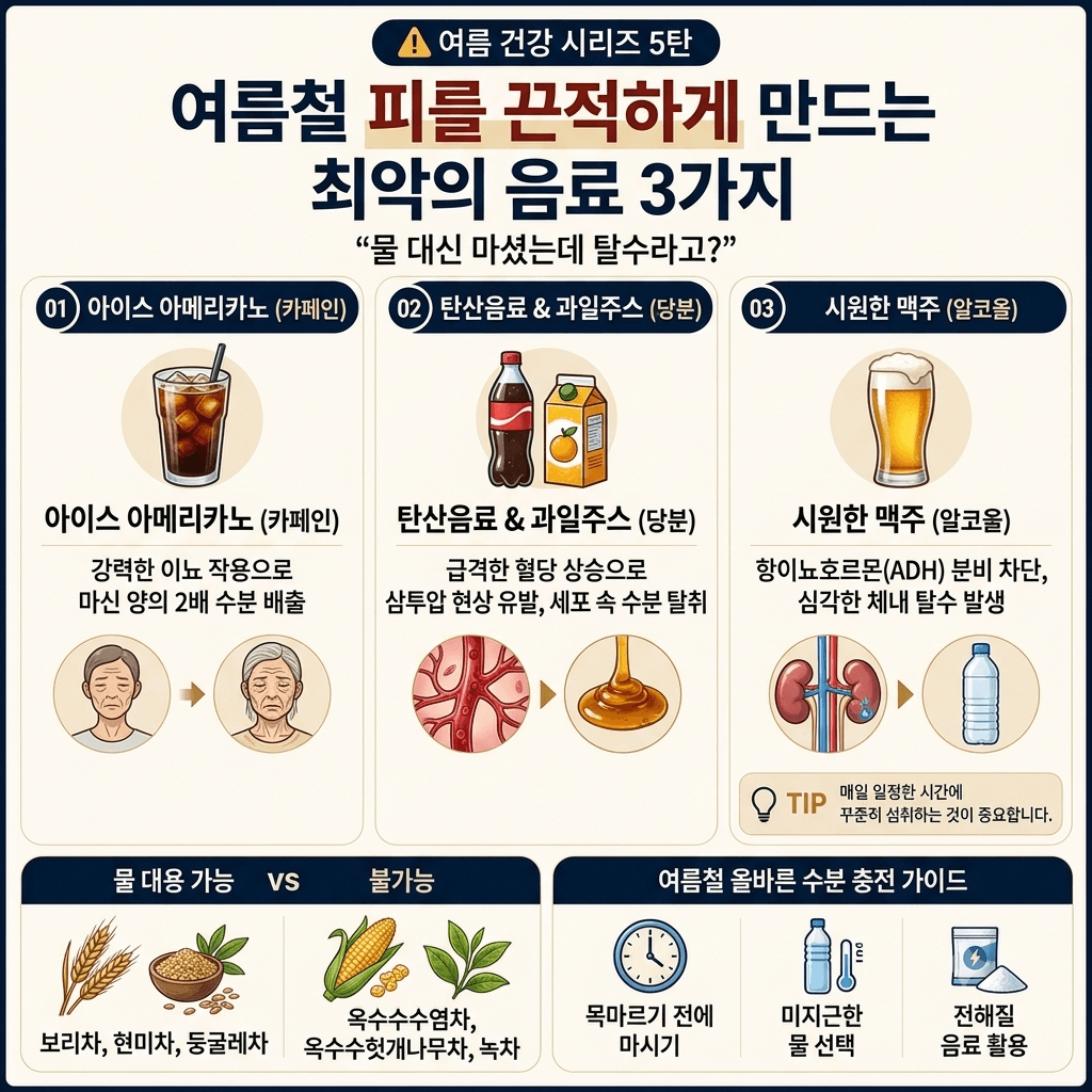 여름철 탈수를 유발하는 3대 음료(커피, 탄산음료, 술)와 물 대용 가능/불가능 차 비교 및 올바른 수분 충전 가이드 인포그래픽