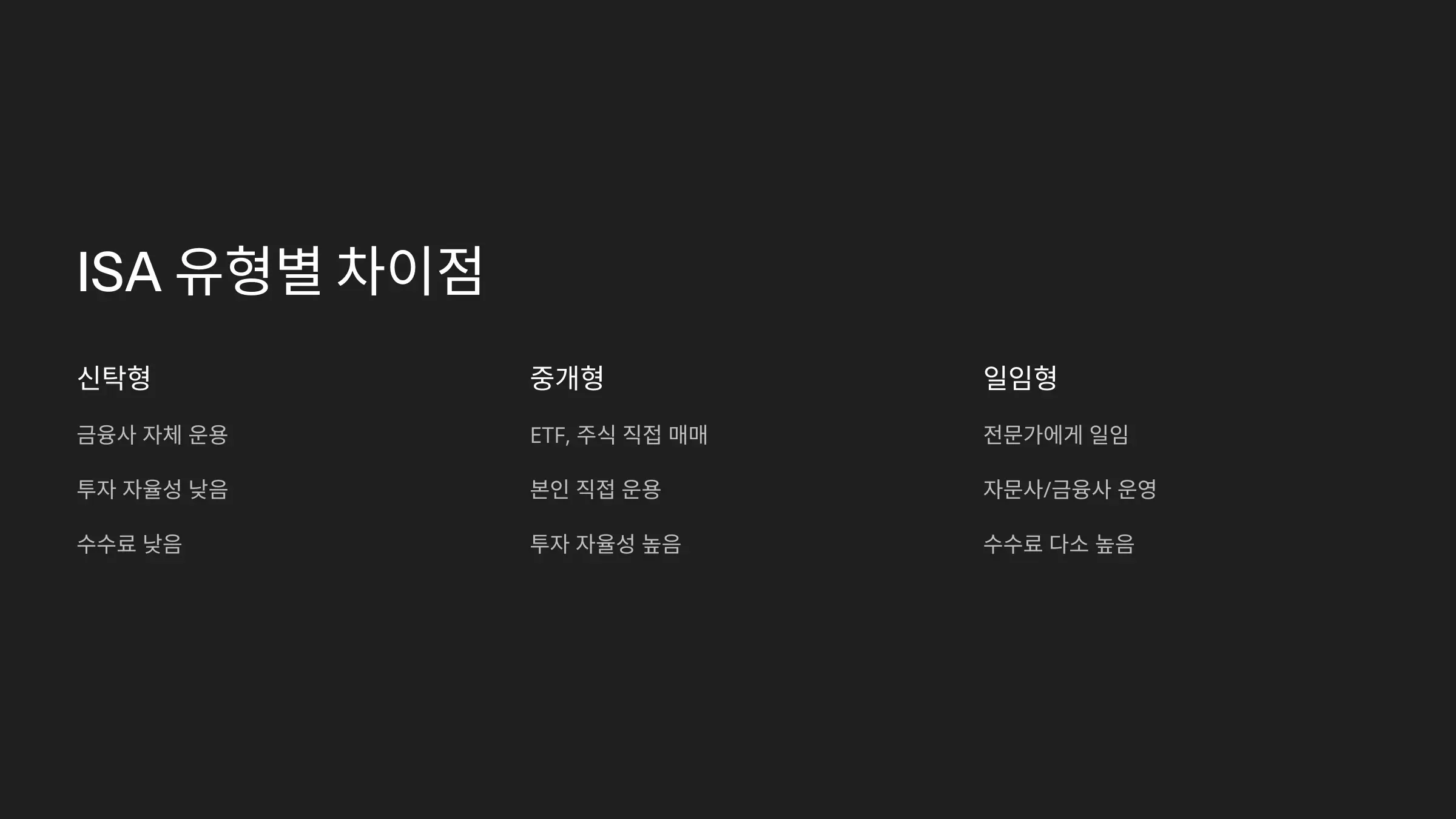 ISA 유형별 차이점 (신탁형 vs 중개형 vs 일임형)