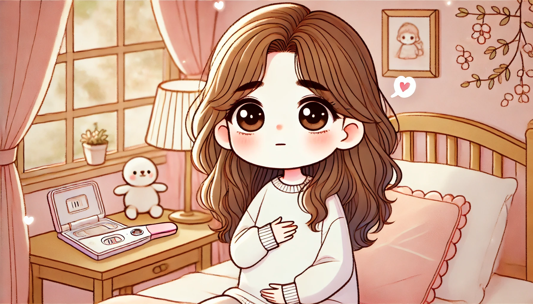 귀엽고 감성적인 웹툰 스타일의 여성 캐릭터가 침대에 앉아 배를 감싸고 있는 임신 초기 묘사 일러스트