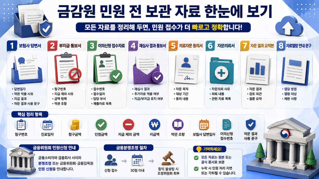 보험사 답변서, 부지급 통보서, 이의신청 접수자료, 재심사 결과 통보서, 의료자문 동의서와 결과 요약본 등 금감원 민원 전 보관 자료를 정리한 인포그래픽