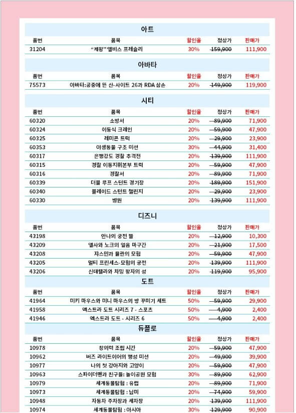 아트/시티/디즈니/도트/듀플로 할인가 안내 이미지입니다.