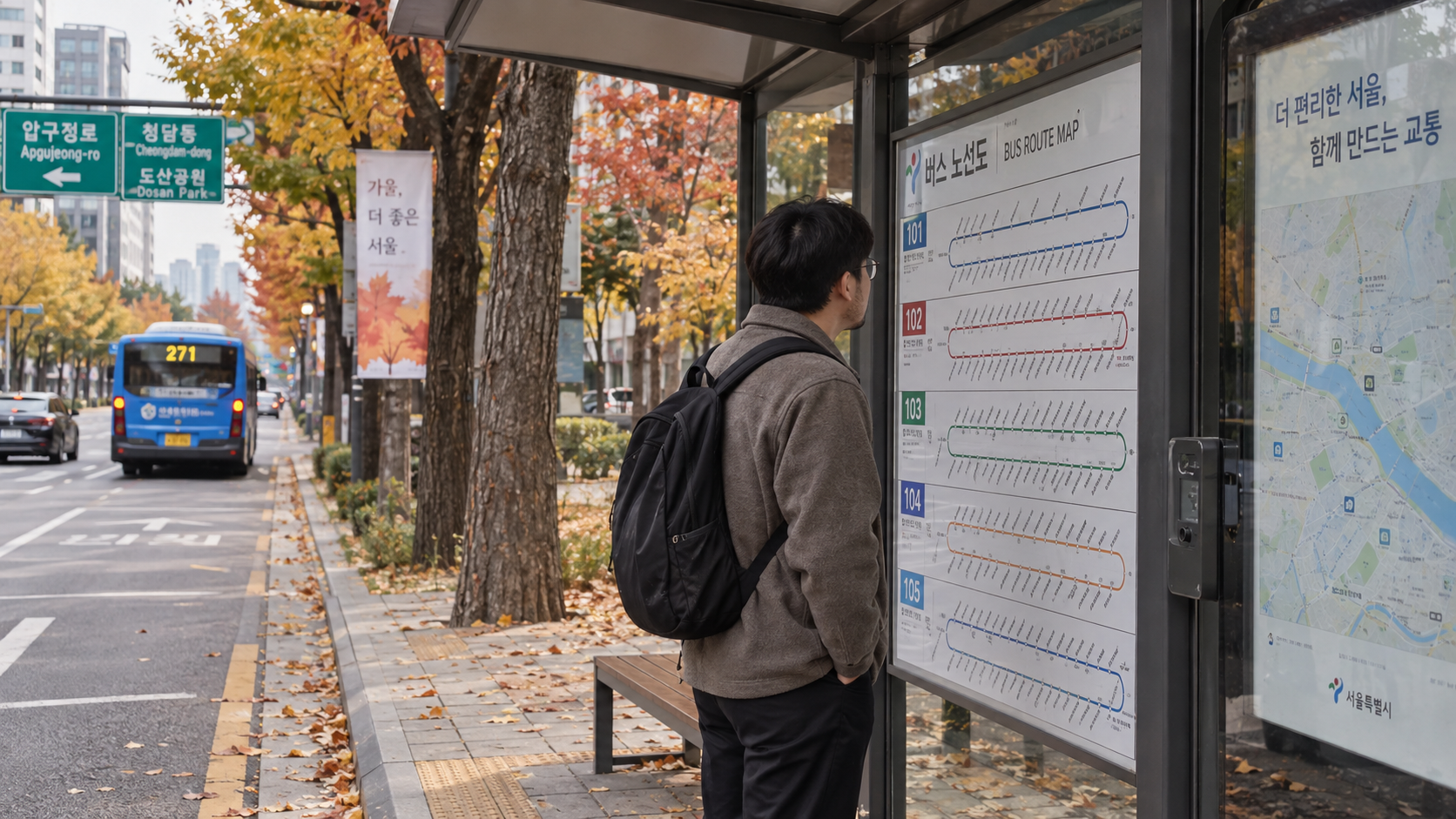 대중교통 노선을 확인하며 정류장에서 기다리는 사람