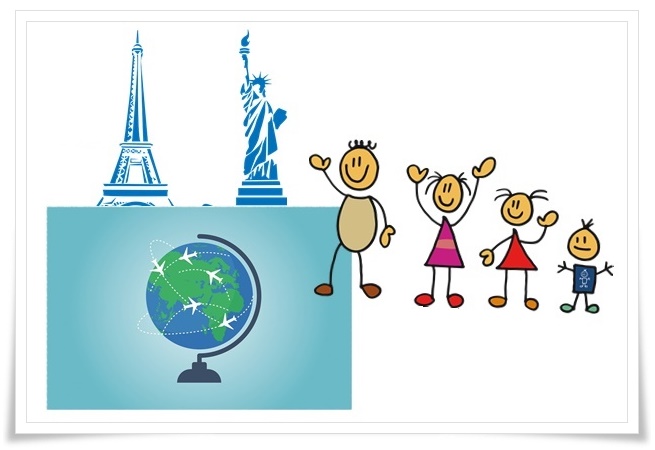 단란한 가족 4명의 모습과 지구본 그리고 프랑스 에펠탑과 미국의 자유의 여신상 그림이 그려져 있는 그림