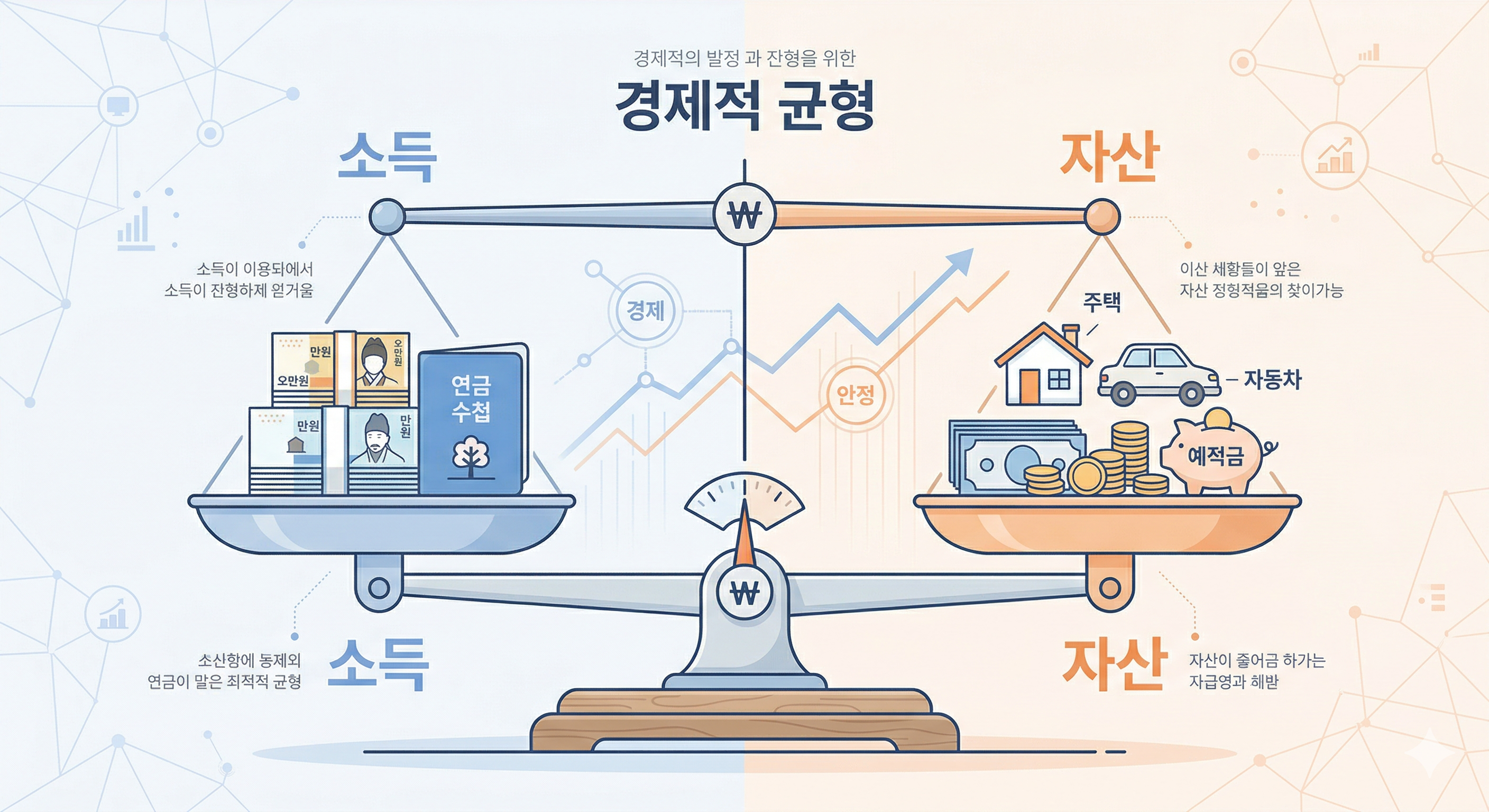 소득인정액 산정 방식을 시각화한 인포그래픽. 저울의 한쪽에는 근로소득과 연금이, 다른 쪽에는 부동산과 금융자산이 배치되어 기초연금 수급 자격을 결정하는 소득평가액과 재산환산액의 균형을 설명하는 전문적인 일러스트