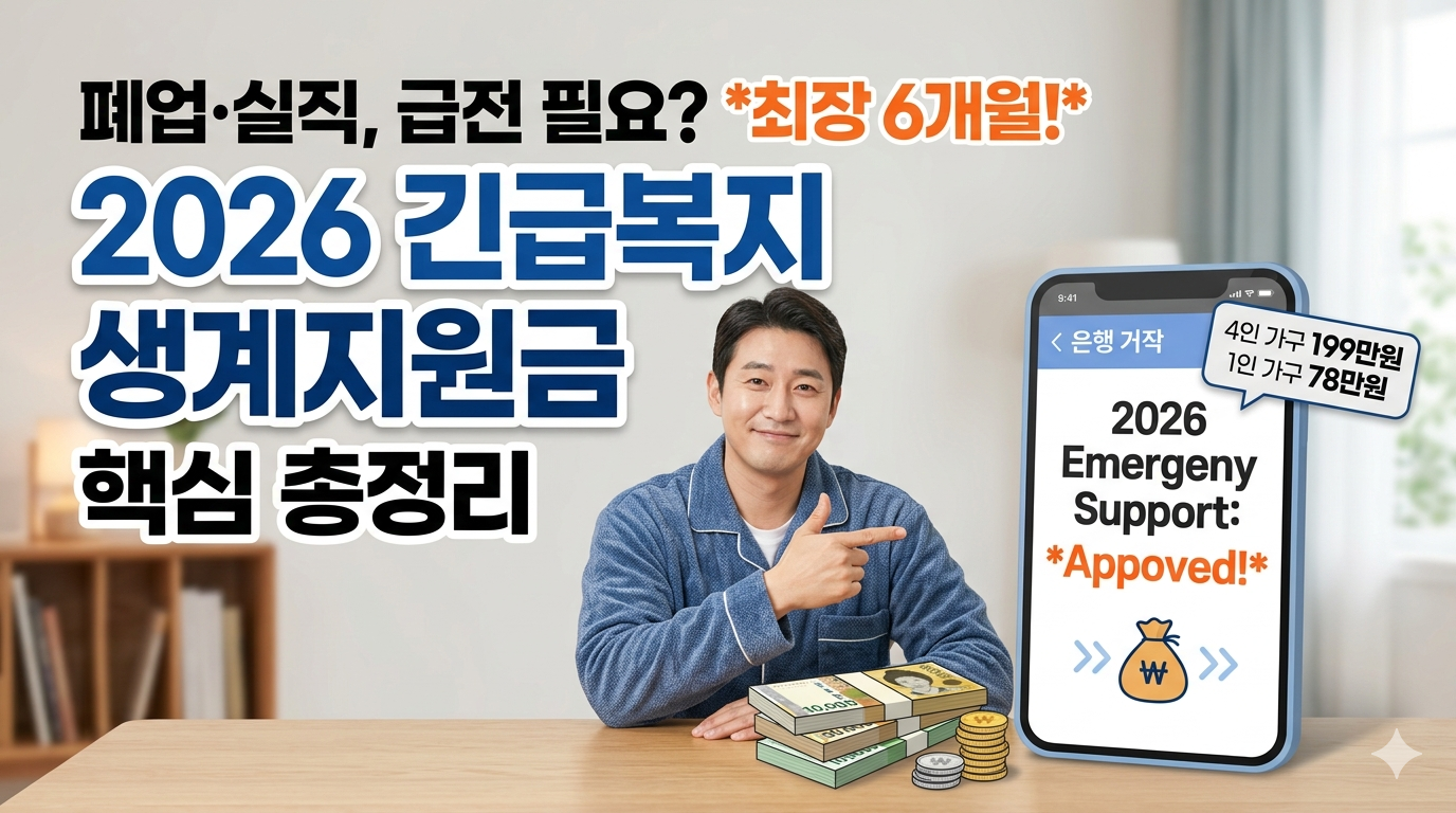 2026 긴급복지 생계지원금 핵심 총정리(4인 가구 199만원 / 1인 가구 78만원)