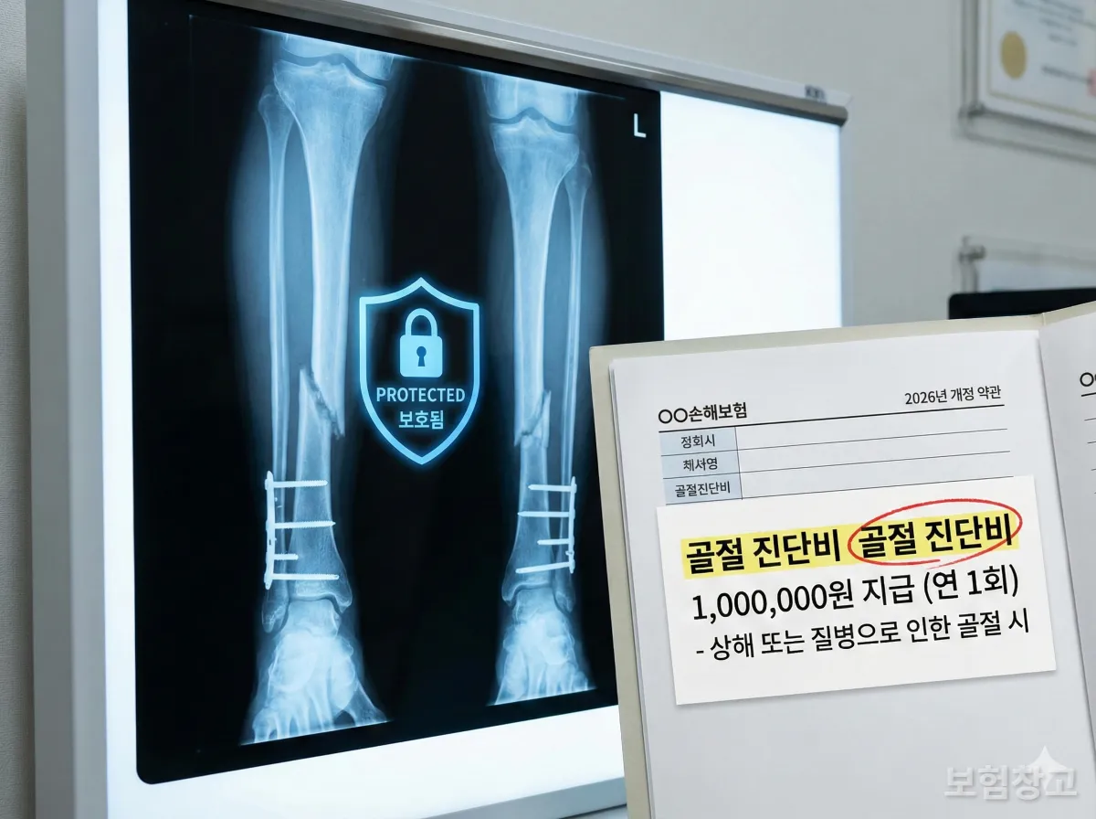 골절 진단비 보장을 시각화한 엑스레이와 보험 증권 이미지