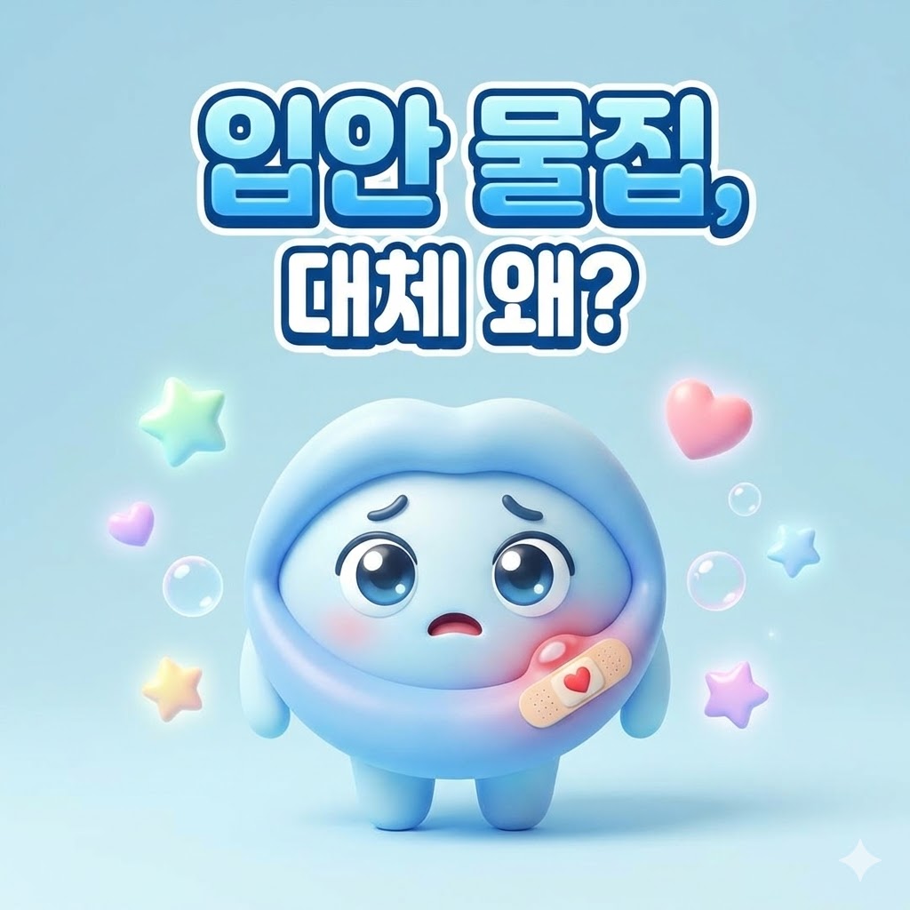 입안에 반창고를 붙인 귀여운 입 캐릭터가 걱정스러운 표정을 짓고 있는 3D 카툰 이미지. 입안 물집의 원인을 상징합니다.
