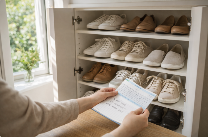 봄철 신발장 정리와 습기 관리를 위해 신발을 점검하는 모습