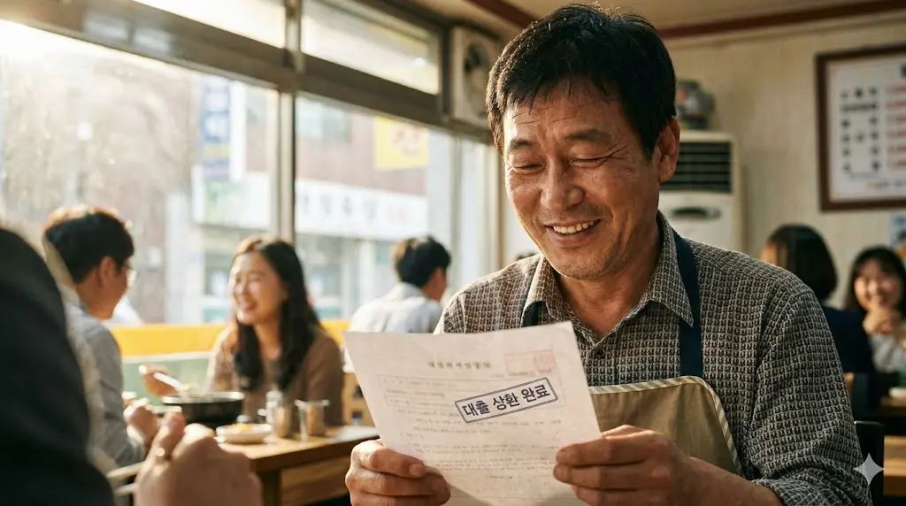 고금리 대출 이자가 확 줄어든 비교 그래프 or 웃고 있는 자영업자