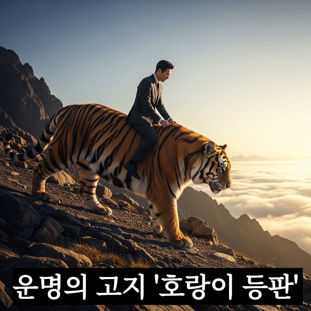 황금빛 구름이 깔린 높은 산봉우리를 향해 거대하고 위엄 있는 호랑이를 타고 당당하게 올라가는 한국인 남성의 뒷모습을 담은 장엄한 일러스트