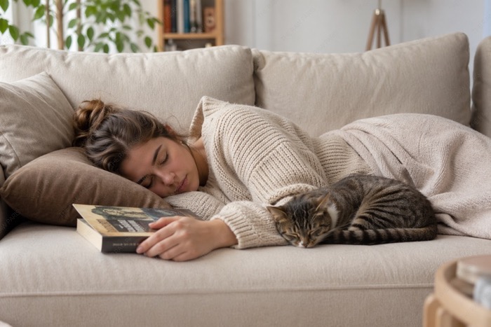 weekend oversleep couch nap tired lifestyle recovery sleep concept