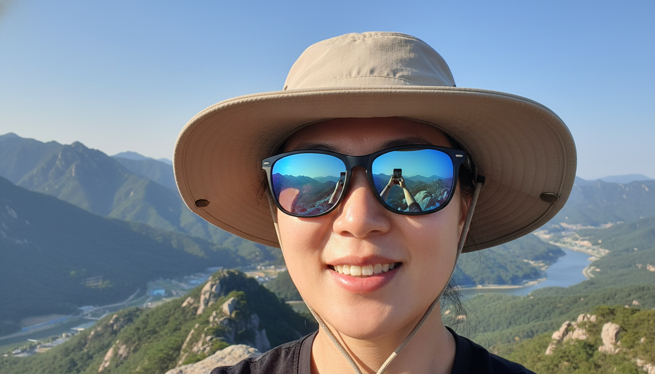 챙 넓은 모자와 자외선 차단 선글라스를 착용하고 산을 바라보는 한국인 등산객. 눈과 얼굴 보호 장비의 중요성을 강조합니다.