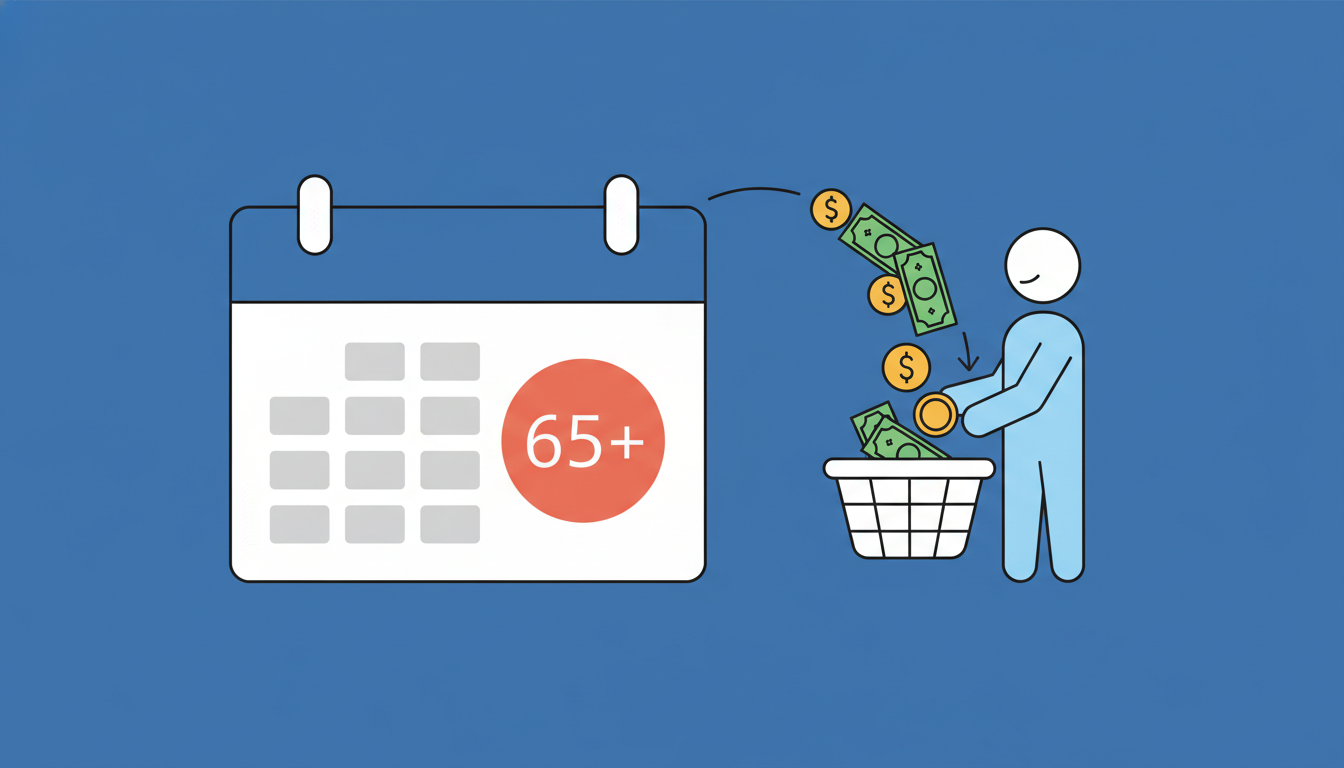 미래의 날짜가 표시된 달력과 함께 사람이 꾸준히 연금을 받는 모습을 형상화한 이미지. 연금 수령의 조건과 장기적인 혜택을 시각적으로 표현한다.